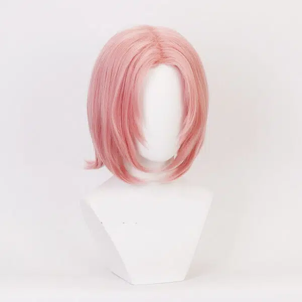 On voit un buste blanc sans visage qui porte une perruque rose, un carré long.