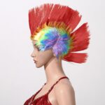 Mannequin en plastique de profil avec un débardeur rouge portant une perruque iroquoise punk multicolore