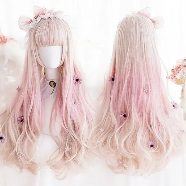 Perruque cosplay lolita rose et blonde, avec des fleurs roses et un noeud papillon