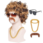 Mannequin homme buste et tête portant une perruque marron bouclée des lunettes, un collier et une moustache