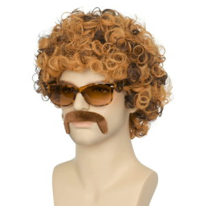Perruque de disco cheveux bouclés jaune et noir pour homme vendue avec une fausse moustache et des lunettes aux verres fumées.