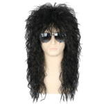 Perruque aux cheveux longs frisés noirs à frange des années disco. Mannequin porte avec des lunettes teintées noires.