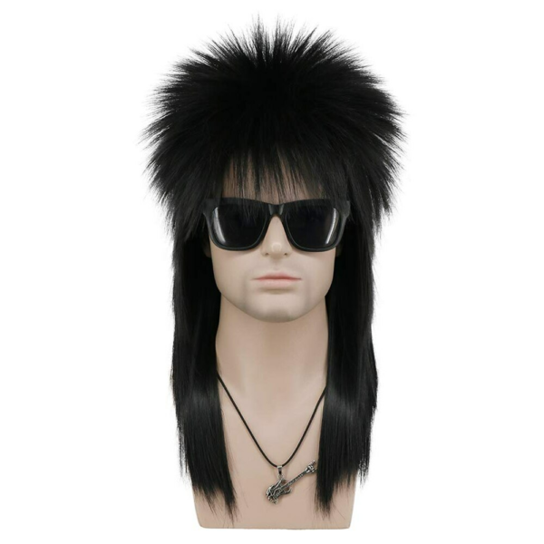 Perruque pour homme coiffure punk années 80 cheveux noirs ébouriffés longueur mi long et lunette de soleil.