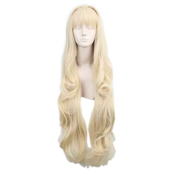 Photo d'un mannequin tête avec une perruque de cheveux blond extra longs avec une frange de la princesse raiponce