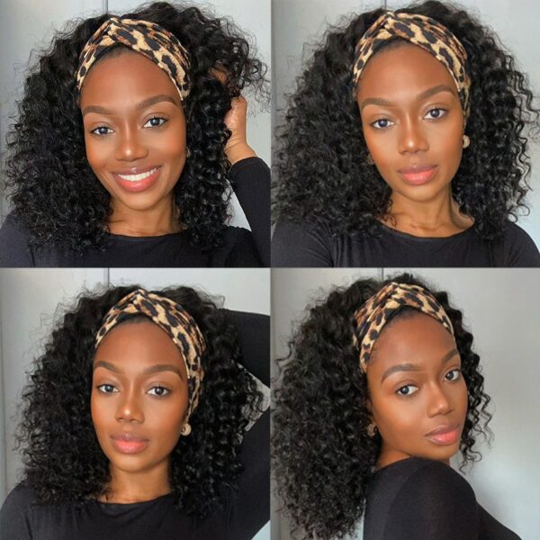 Qutre photos d'une femme portant une perruque bandeau de cheveux afro court avec un bandeau léopard.