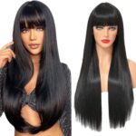 Femme portant une perruque noir aux cheveux extra longs lisses avec une frange et un mannequin montrant la perruque de face