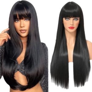 Femme portant une perruque noir aux cheveux extra longs lisses avec une frange et un mannequin montrant la perruque de face