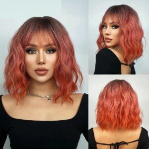 Perruque Carre Long Ondule Rose Ombre Avec Frange 2