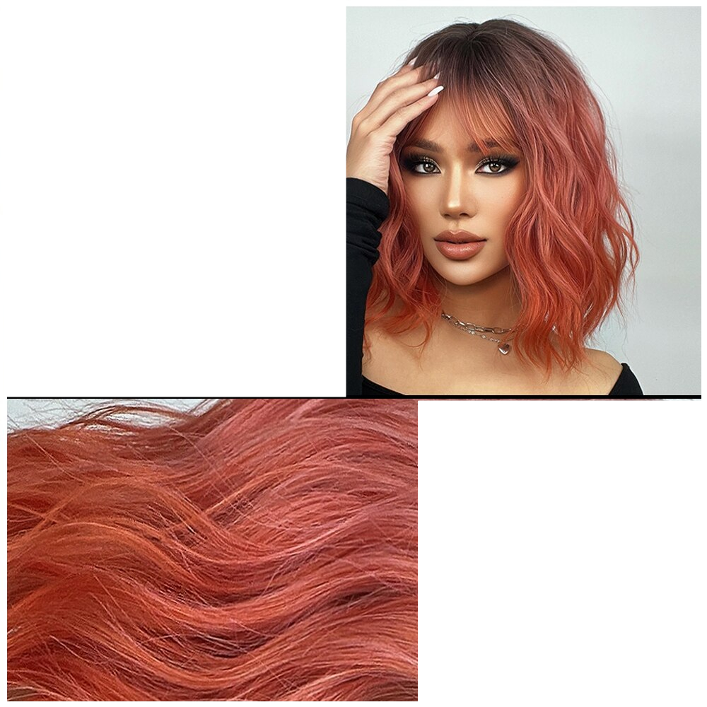 Perruque Synthétique Rose à Frange, Cheveux Longs Ondulés – Taille Moyenne, + 4 Bonnets Offerts
