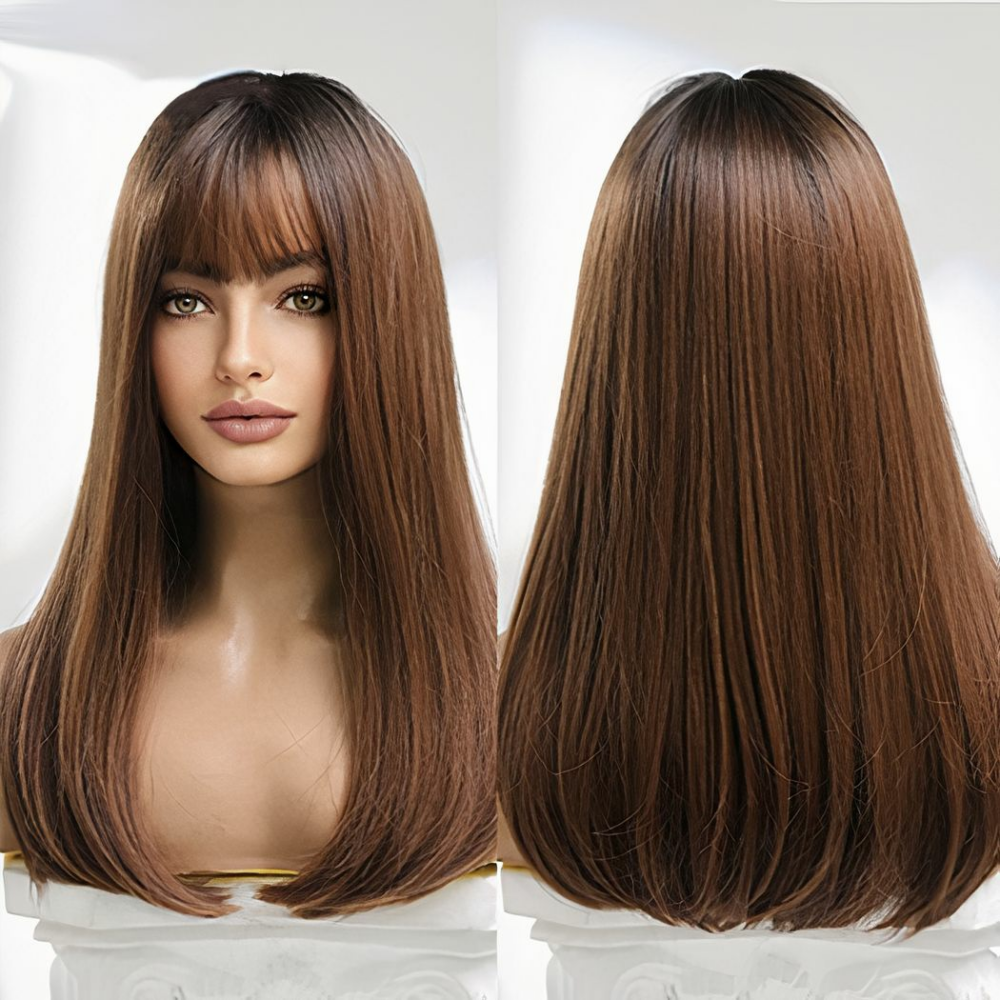 plc Mannequin portant une perruque de cheveux chatain longs avec une frange vue de face et de dos