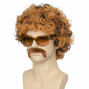 Perruque de disco cheveux bouclés jaune et noir pour homme vendue avec une fausse moustache et des lunettes aux verres fumées.