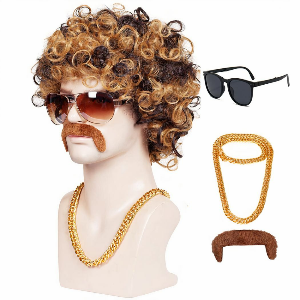 Mannequin homme buste et tête portant une perruque marron bouclée des lunettes, un collier et une moustache