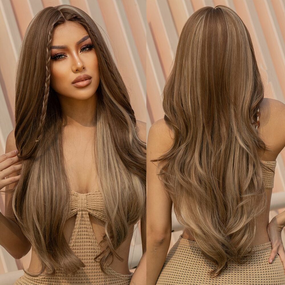 Perruque Lace Frontale Cheveux Longs Chatain A Meches Blondes 3