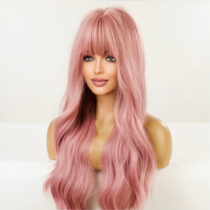 Perruque Synthétique Rose Bonbon Longue Et Bouclée Avec Frange - Bonnet Monofilament, Neuve