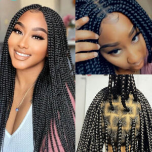 3 images avec des femmes souriantes qui montrent sous différents points de vues une perruque de tresses africaines en dentelle synthétique noire.