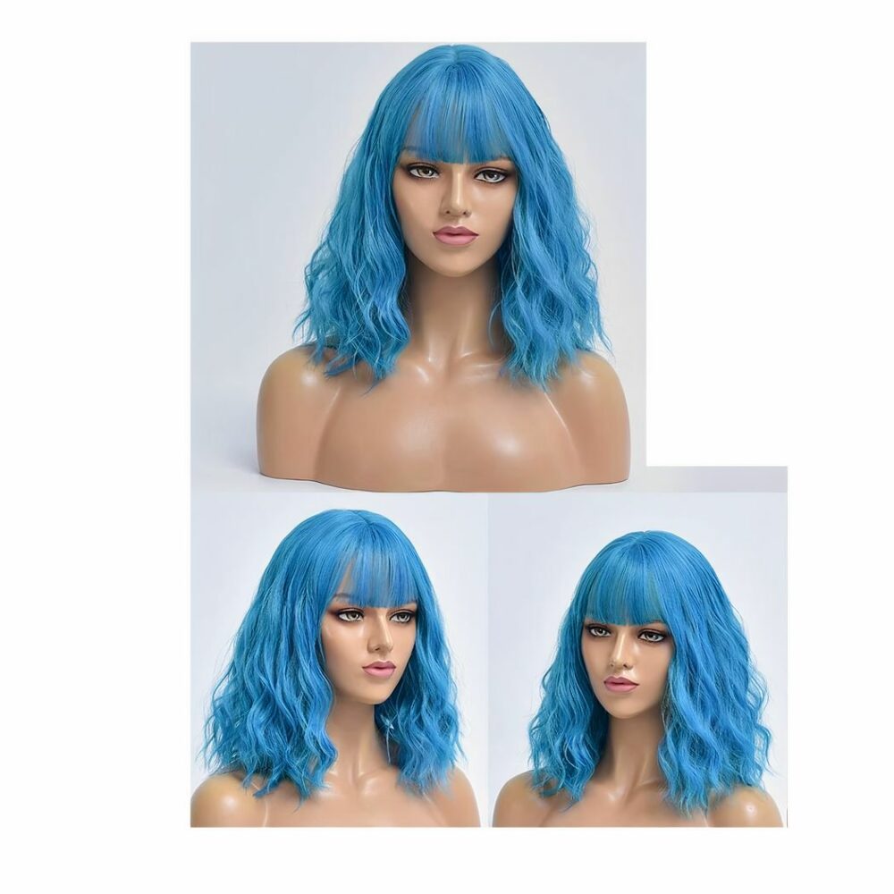Perruque Bleue Turquoise Cheveux Mi Longs Ondules Avec Frange